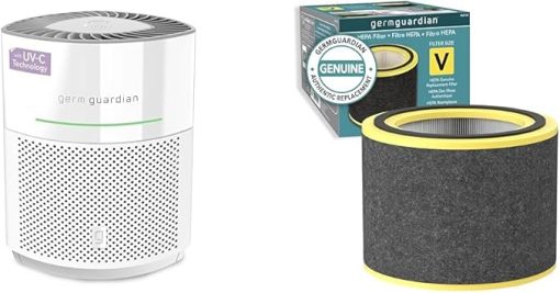 GermGuardian Airsafe+ Intelligent Air Purifier with UV-C Light, Air Quality Sensor, 360˚ HEPA Filter & Filter V HEPA Pure Genuine Air Purifier Replacement Filter, Removes 99.97% of Pollutants