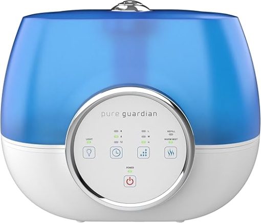 PureGuardian H4810AR Ultrasonic Warm and Cool Mist Humidifier for Bedrooms, Quiet, Filter-Free, 120 Hr, 2 Gal Treated Tank Surface Resists Mold, Pure Guardian Humidifier with Essential Oil Tray