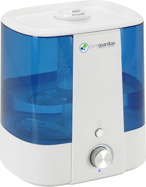 PureGuardian H1175WCA Ultrasonic Cool Mist Humidifier, 90 Hrs. Run Time, 1.5 Gal. Tank Capacity, 390 Sq. Ft. Coverage, Medium Rooms, Quiet, Filter Free, Silver Clean Treated Tank, Essential Oil Tray