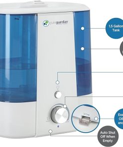 PureGuardian H1175WCA Ultrasonic Cool Mist Humidifier, 90 Hrs. Run Time, 1.5 Gal. Tank Capacity, 390 Sq. Ft. Coverage, Medium Rooms, Quiet, Filter Free, Silver Clean Treated Tank, Essential Oil Tray 2