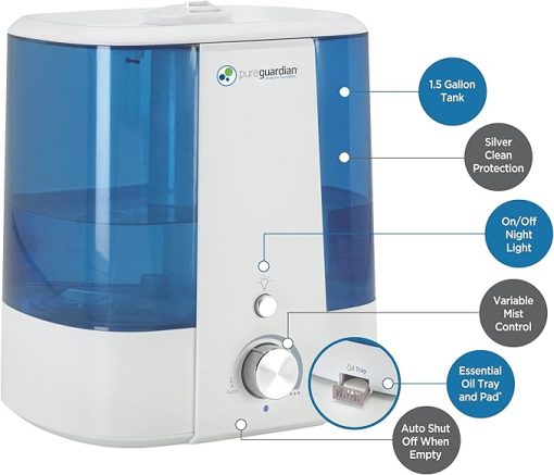 PureGuardian H1175WCA Ultrasonic Cool Mist Humidifier, 90 Hrs. Run Time, 1.5 Gal. Tank Capacity, 390 Sq. Ft. Coverage, Medium Rooms, Quiet, Filter Free, Silver Clean Treated Tank, Essential Oil Tray - Image 2