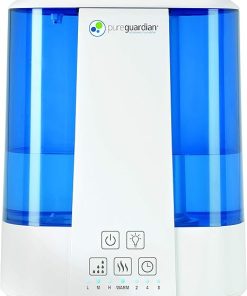 PureGuardian H5225WCA Ultrasonic Warm & Cool Mist Humidifier, 100 Hrs. Run Time, 2 Gal. Tank, 560 Sq. Ft. Coverage, Quiet, Filter Free, Silver Clean Treated Tank, Essential Oil Tray, White/Blue
