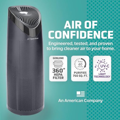 GermGuardian Air Purifier with HEPA Filter, Removes 99.97% of Pollutants, Covers Large Room up to 750 Sq. Foot Room in 1 Hr, UV-C Light Helps Reduce Germs, Zero Ozone Verified, 22", Black, AC4625BDLX - Image 2